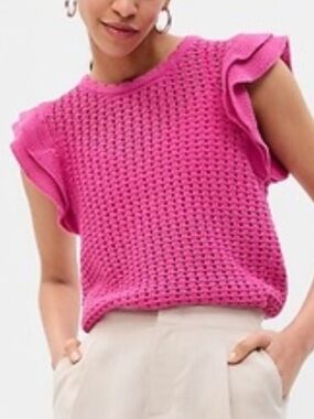 Gap Women's Flutter Sleeve Crochet Sweater Small Cotton Fuchsia Pink Open Knit